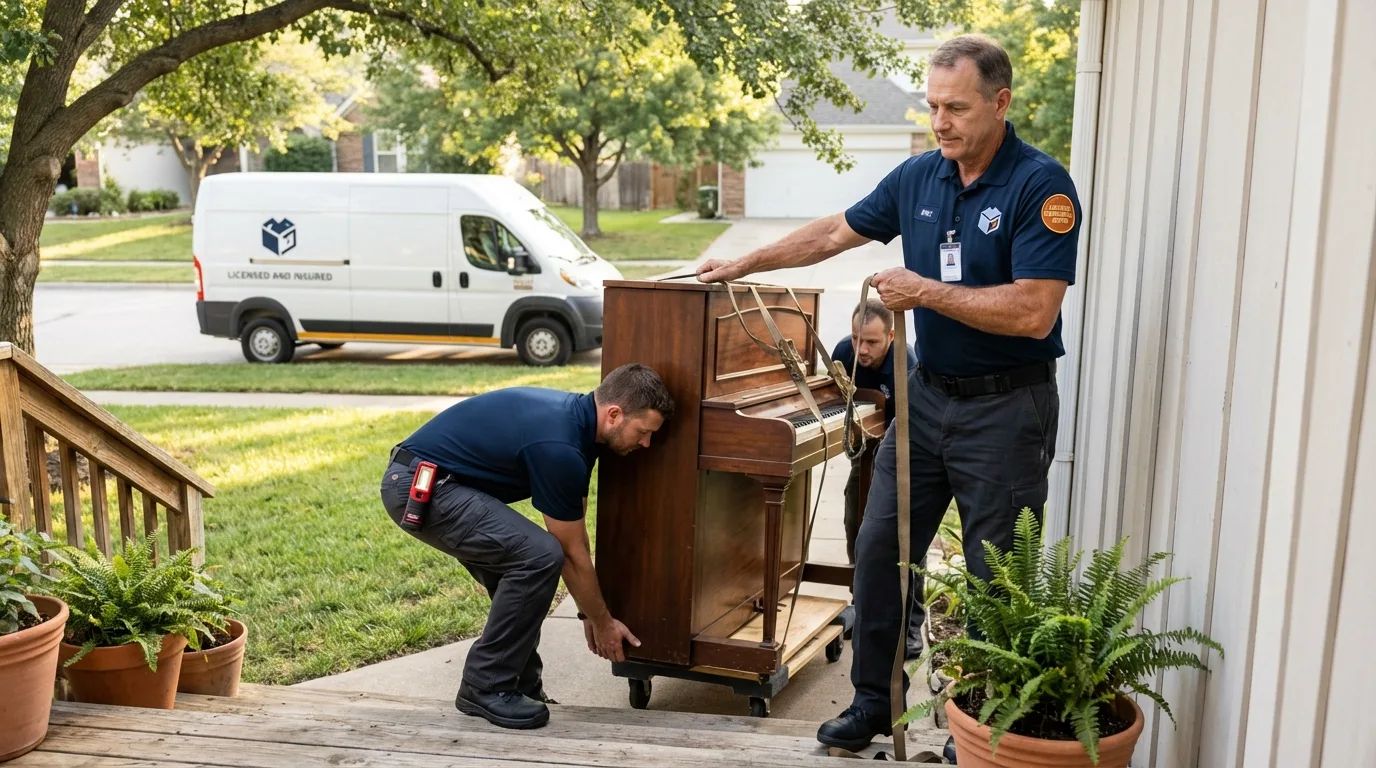 Licensed piano movers securing grand piano in Haslett, MI
