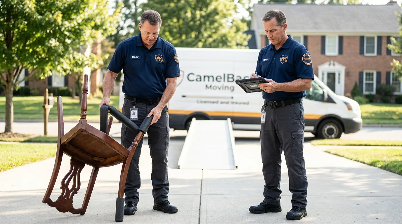 Movers inspecting furniture for damage prevention before loading in Haslett, MI